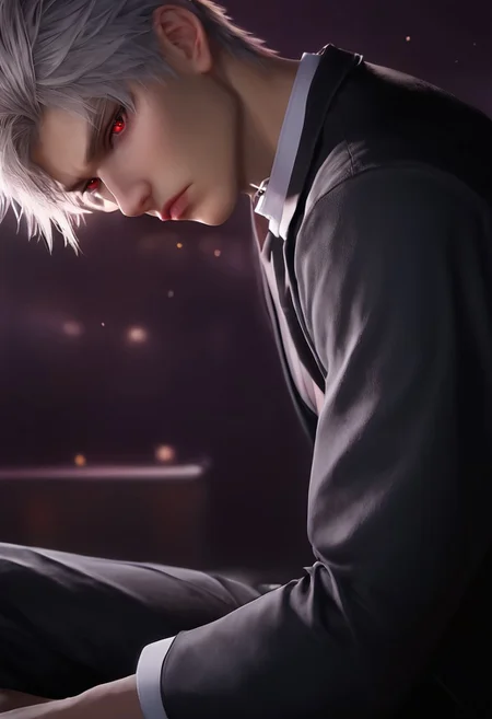 1boy, solo, male focus, toned male, Sylus_(Love_and_Deepspace), Sylus, Qinche, White hair, Red eyes, pale skin, detailed eyes, satisfaction, satisfied, neutral, sad looking,
dark theme, night, intense shadow, intimidating, chest close to viewer, dark light, no light, dark out, shadow,
(black coat over shoulder:1.1), white collar shirt, black vest, white collar shirt button, socks, wearing a tie, black pants, sweaty hair, long sleeves, modest clothing, looking at viewer, from side view,
sitting, front view, seductive, romantic
rating PG, score_9,score_8_up,score_7_up, source_anime, male focus, Muscular, big thigh, big thigh, big chest, hung, manly, tall, detailed eyebrow, sharp eyebrows, focus on thigh, hairy thigh, thigh focus, random view