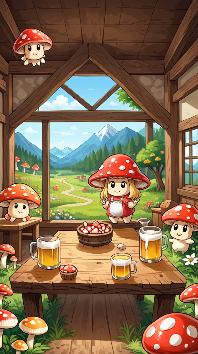 cute mushroom, , red cap covered in white spot, smile, many cute mushrooms, smile, kawaii eyes, smile, chibi, chubby,in a house, table, living room, indoors, mountain, adventure, depth of field, flowers, trees, grass, arms, no legs, mushroom houses,drink a beer, oktoberfest <lora:cute_mushroom:1>