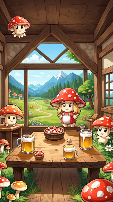 cute mushroom, , red cap covered in white spot, smile, many cute mushrooms, smile, kawaii eyes, smile, chibi, chubby,in a house, table, living room, indoors, mountain, adventure, depth of field, flowers, trees, grass, arms, no legs, mushroom houses,drink a beer, oktoberfest <lora:cute_mushroom:1>