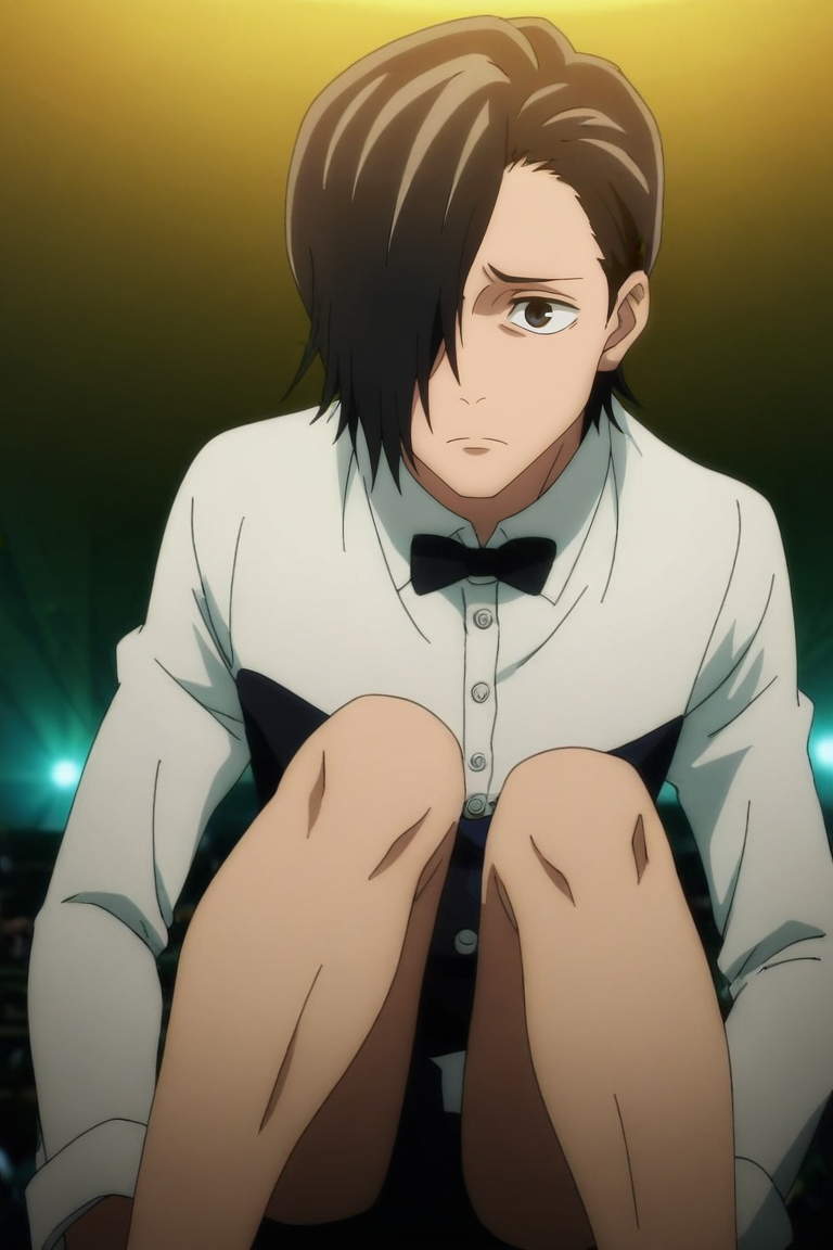 score_9, score_8_up, score_7_up, source_anime, rating_safe, intricate details, anime screencap, , , , , 1boy, solo, male focus, <lora:junpei_yoshino_pony:0.96>, junpei_yoshino, black hair, black eyes, short hair, hair over one eye, straight-on, concert, indoors, light, knees together feet apart, sad, butler costume, <lora:sdxl_lightning_8step_lora:1>
