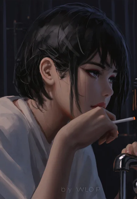 (newest, recent,:1.3), (guweiz, wlop, pluvium grandis), realistic, year_2024, year_2023, year_2022, year_2021,
absurdres, highres, best quality, masterpiece, very aesthetic,
himeno \(chainsaw man\), 1girl, black hair, cigarette, closed mouth, faucet, grey eyes, holding, holding cigarette, indoors, shirt, short hair, sink, solo, twitter username, white shirt