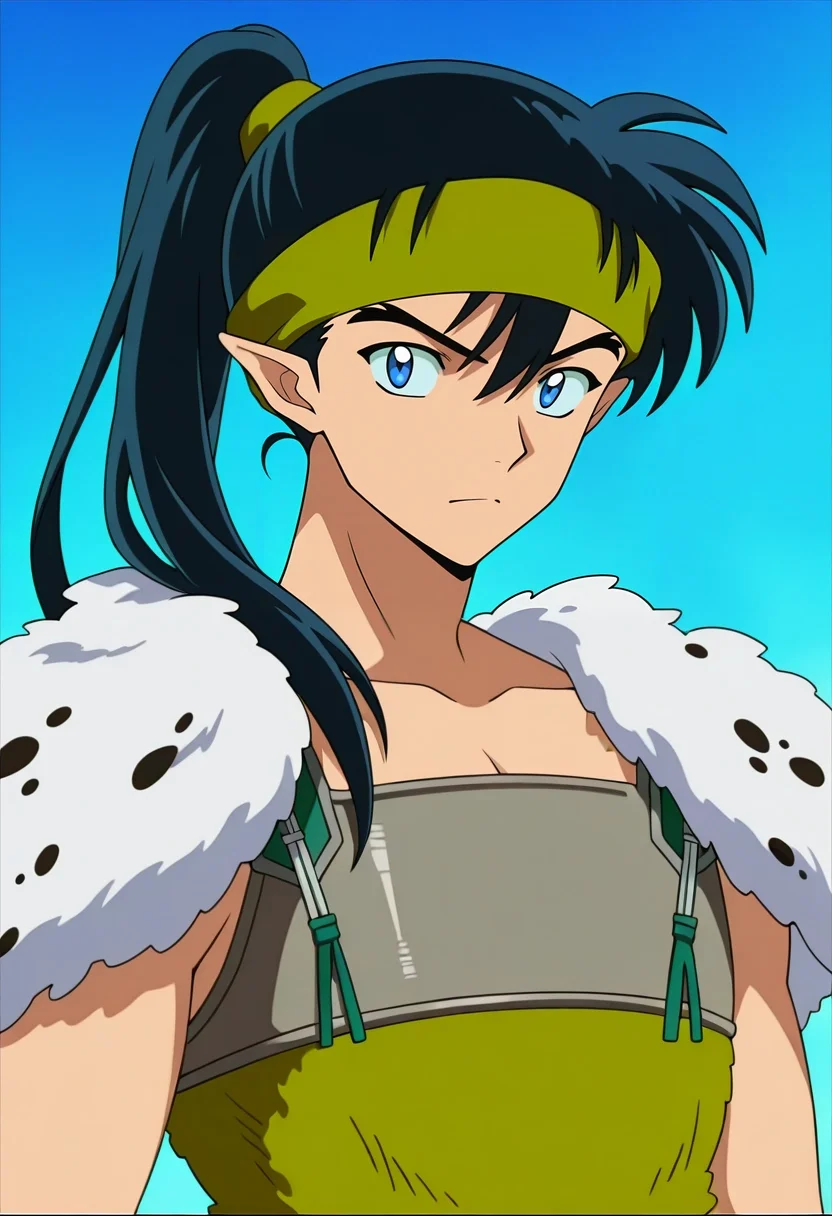 masterpiece, best quality, , anime screencap, anime coloring, official style, looking at viewer, 1boy, solo, male focus, <lora:kouga_inuyasha_ilxl:1>, kouga_inuyasha, black hair, blue eyes, long hair, ponytail, pointy ears, headband, armor, , dalmatian costume