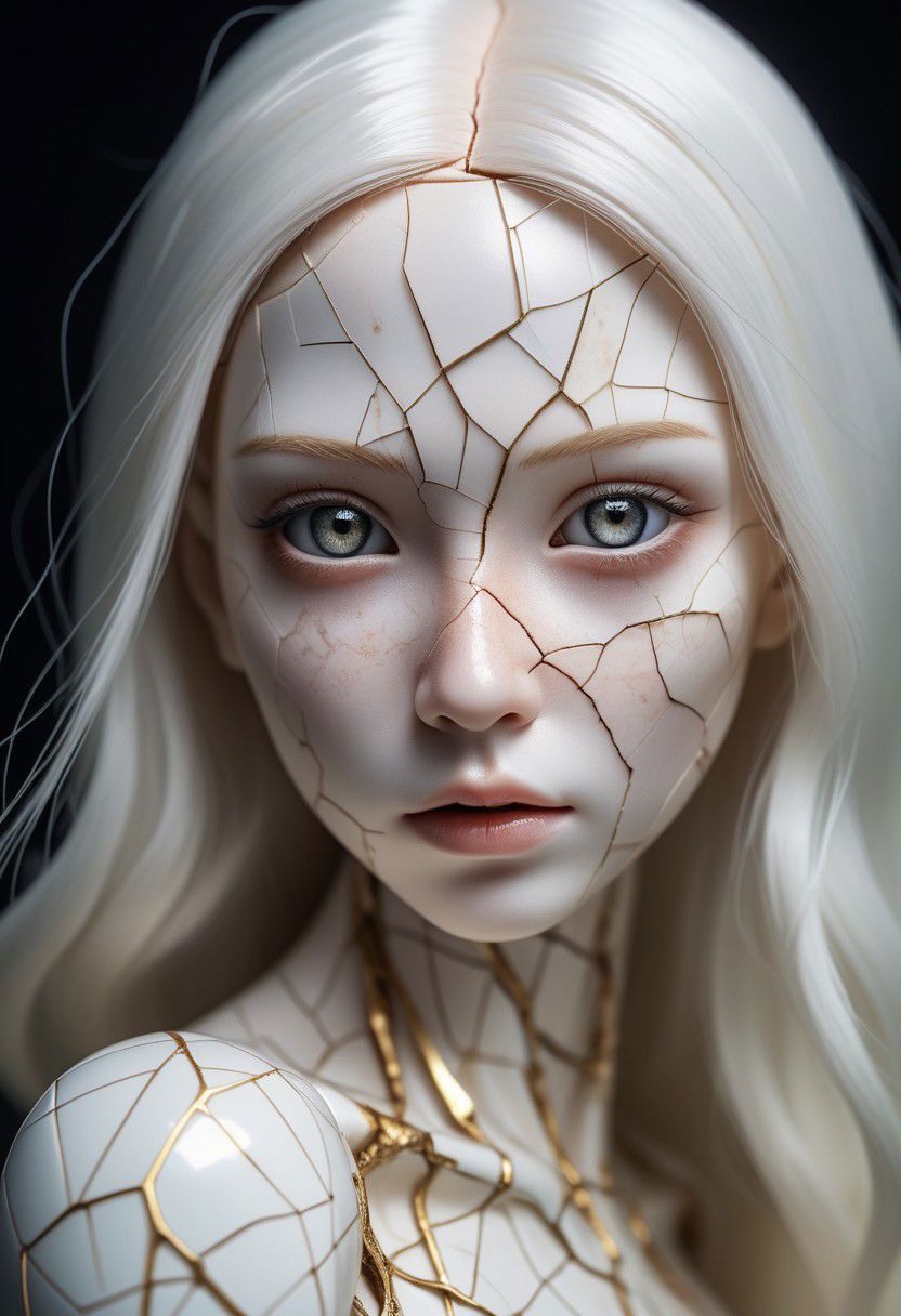 portrait of a doll with porcelain kintsugi skin, cracked skin, shattered porcelain skin, deep fine cracks, kintsugi, perfect clear realistic grey eyes, soft focus, half body editorial shot, depth of field, uncanny, long white hair, stunning perfect shining eyes, pale skin, shy smile, intricitaly hyperdetailed, amazing depth, expansive details, cracked surface, iridescent surface, Anna Dittmann, Dominic Qwek, complex masterwork by head of prompt engineering  <lora:real-humans-PublicPrompts:0.75> <lora:d3qck artstyle:0.9>   <lora:Anna_Dittmann_Style_XL0.81>