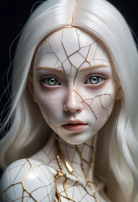 portrait of a doll with porcelain kintsugi skin, cracked skin, shattered porcelain skin, deep fine cracks, kintsugi, perfect clear realistic grey eyes, soft focus, half body editorial shot, depth of field, uncanny, long white hair, stunning perfect shining eyes, pale skin, shy smile, intricitaly hyperdetailed, amazing depth, expansive details, cracked surface, iridescent surface, Anna Dittmann, Dominic Qwek, complex masterwork by head of prompt engineering <lora:real-humans-PublicPrompts:0.75> <lora:d3qck artstyle:0.9> <lora:Anna_Dittmann_Style_XL0.81>