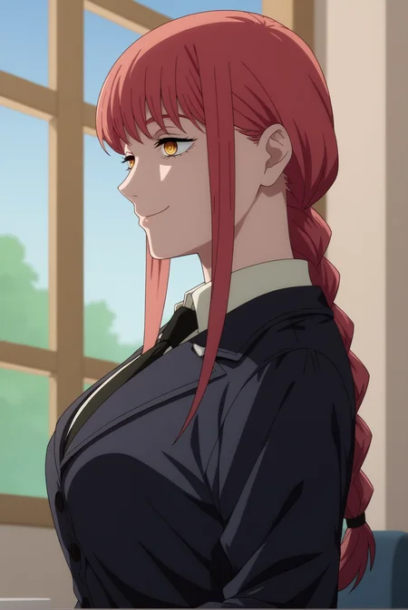 score_9, score_8_up, score_7_up, score_6_up, score_5_up, score_4_up, source_anime,anime screencap BREAK anime coloring,mature,makima,1girl,solo,black necktie,collard shirt,shirt,white whirt,suit,smile,ringed eyes,indoors,office <lora:Makima - PDXL.safetensors:0.8>