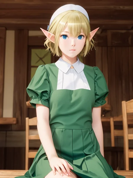 ryu, 1girl, blonde, short hair, wavy hair, elf, blue eyes, sitting, green maid uniform, tavern background, intricate, extremely detailed, (raw photograph, film grain) <lora:ryuv3:0.6>