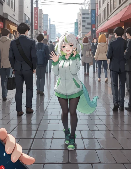 <lora:midis_UsingPhonePov_V0.52[IL]:1>, usingphonepov,  <lora:midis_Midori_V1[IL]:1>, waving, talking on phone, midori, on phone, street, crowd, masterpiece,best quality, very aesthetic,absurdres,newest,