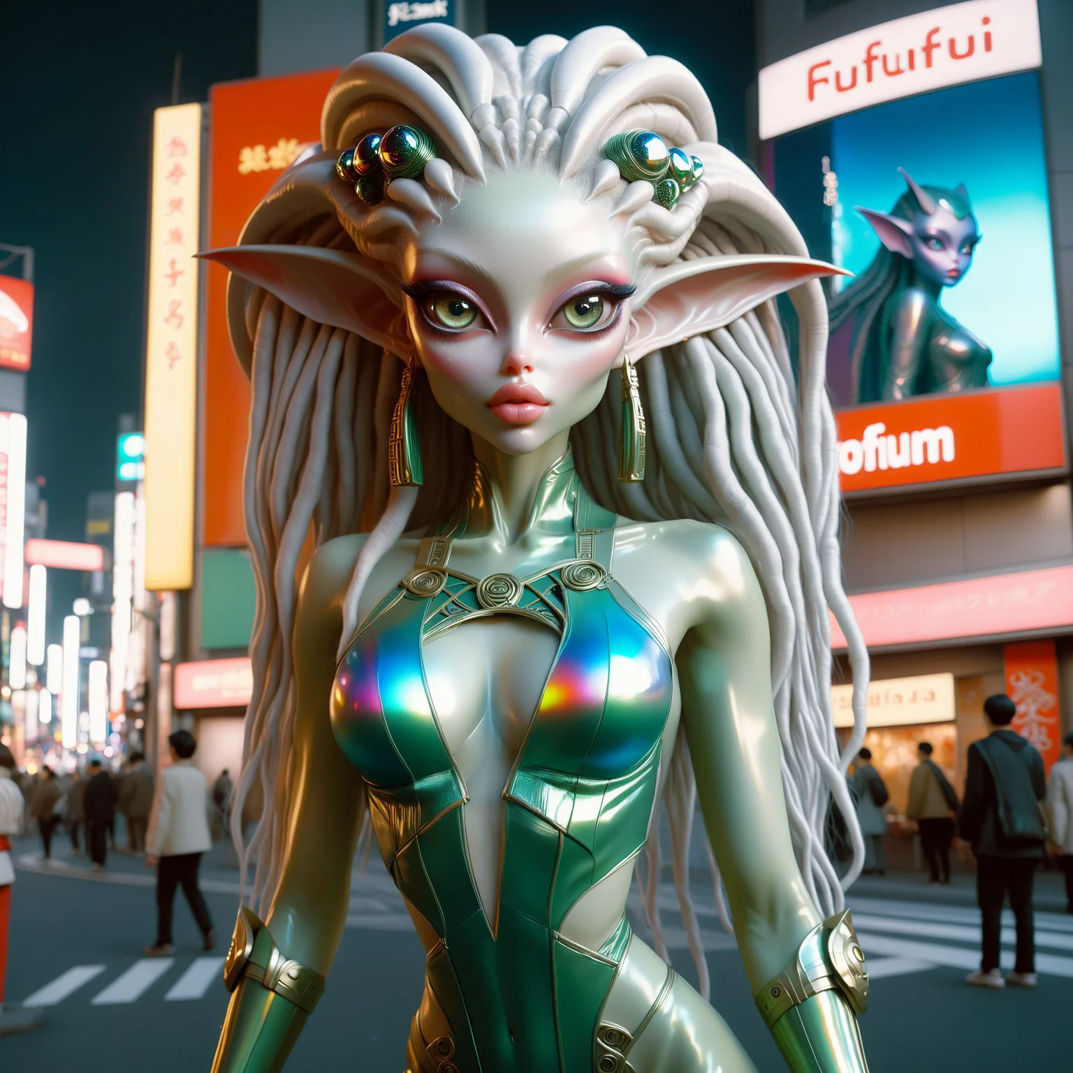 <lora:AlinaXL:0.6> <lora:DalleAlien:0.8> beautiful alien elf girl with big detailed eyes and huge lips , light shiny skin , alien royalty aesthetic woman, Cinematic shot by Roger Deakins, utopian city, shot on Yashica T4 35mm with fujifilm superia x-tra 400. light leaks, film look, film grain, background high resolution, hyper realistic, with a little smirk, portrait, 32k, horizon based ambient occlusion, redshift rendered in Maya, photorealistic, detailed shadows, mood lighting, holographic, reflections, tessellation, ambient occlusion, warrior pose, standing in tokyo at night, a masterpiece ,8k, extreme detailed , colorful , highest detailed