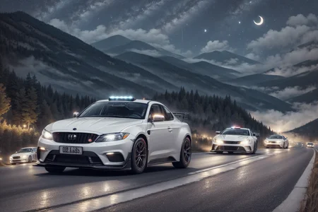 cars racing at night in mountains roadway scenario, near mist, cloudy starry night, White moon <lora:add_detail:1> <lora:offset_0.2:1> <lora:DaVinciTech:0.4> <lora:KawaiiTech:0.6> <lora:DarkSpheraStyle:0.1>