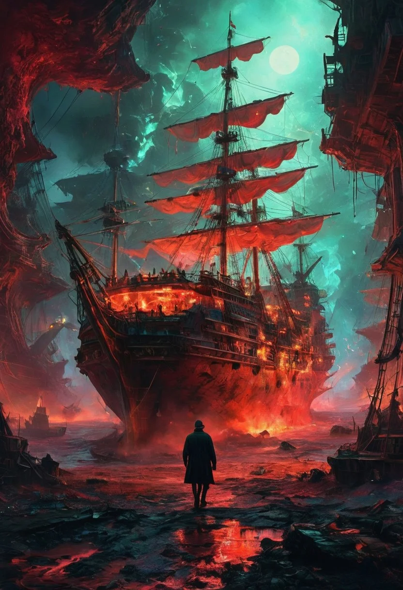 A lone figure, races mingling, and towering masted ships. A bold color Multiple neon mystical swirls created using the artistic technique of splattering. palette of rich reds, with shadows and effect that gives the design captivating, light grain, distorting the sense of up and down. In this bizarre landscape, one altered element can send the entire scene careening into chaos.