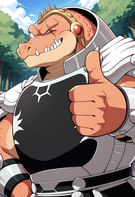 detail background, ((eye scar, eye closed)), anthro alligator, male, 1boy, black eyes, sharp teeth, thick arms, armor, white layer, white claws, scales, peach-orange skin, beige skin, two tone skin, armor, white layer, helmet, BREAK, a thumbs up, outdoors, forest, sky, clouds, perfect anatomy, masterpiece, close up, upper body, looking at viewer, grinning, side angle, standing, dutch angle