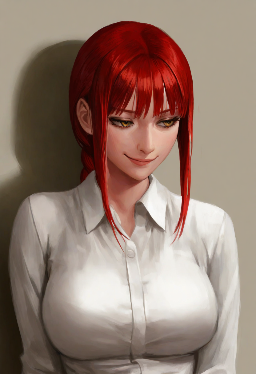 mambas,  masterpiece, semirealism, painterly, best quality, , detailed face, detailed eyes,  makima, red hair, white office shirt,  medium view,  large breasts, sly smug, 