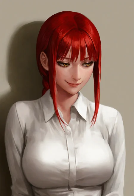 mambas, masterpiece, semirealism, painterly, best quality, , detailed face, detailed eyes, makima, red hair, white office shirt, medium view, large breasts, sly smug,