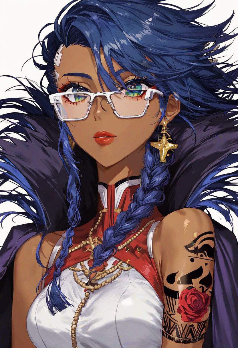 score_9_up, score_8_up, score_7_up, very detailed, 
1girl, dark skin, dark blue hair, braided hair, sci fi glasses, transparent glasses, thick framed glasses, tattooed face, sovietpunk, sovietpunk clothing, communist themed long gown, decorated boy suit, royalty, regal clothes, flowing cape, wearing tunic over bodysuit, well dressed, night time, starry skies, solo focus on female, cyberpunk city in background, starry sky in background, from torso up, portrait style, anime style, detailed face, best detail, (best quality:1.5), masterpiece, (high resolution:1.5) 
ng_deepnegative_v1_75t, OverallDetail, , Expressiveh