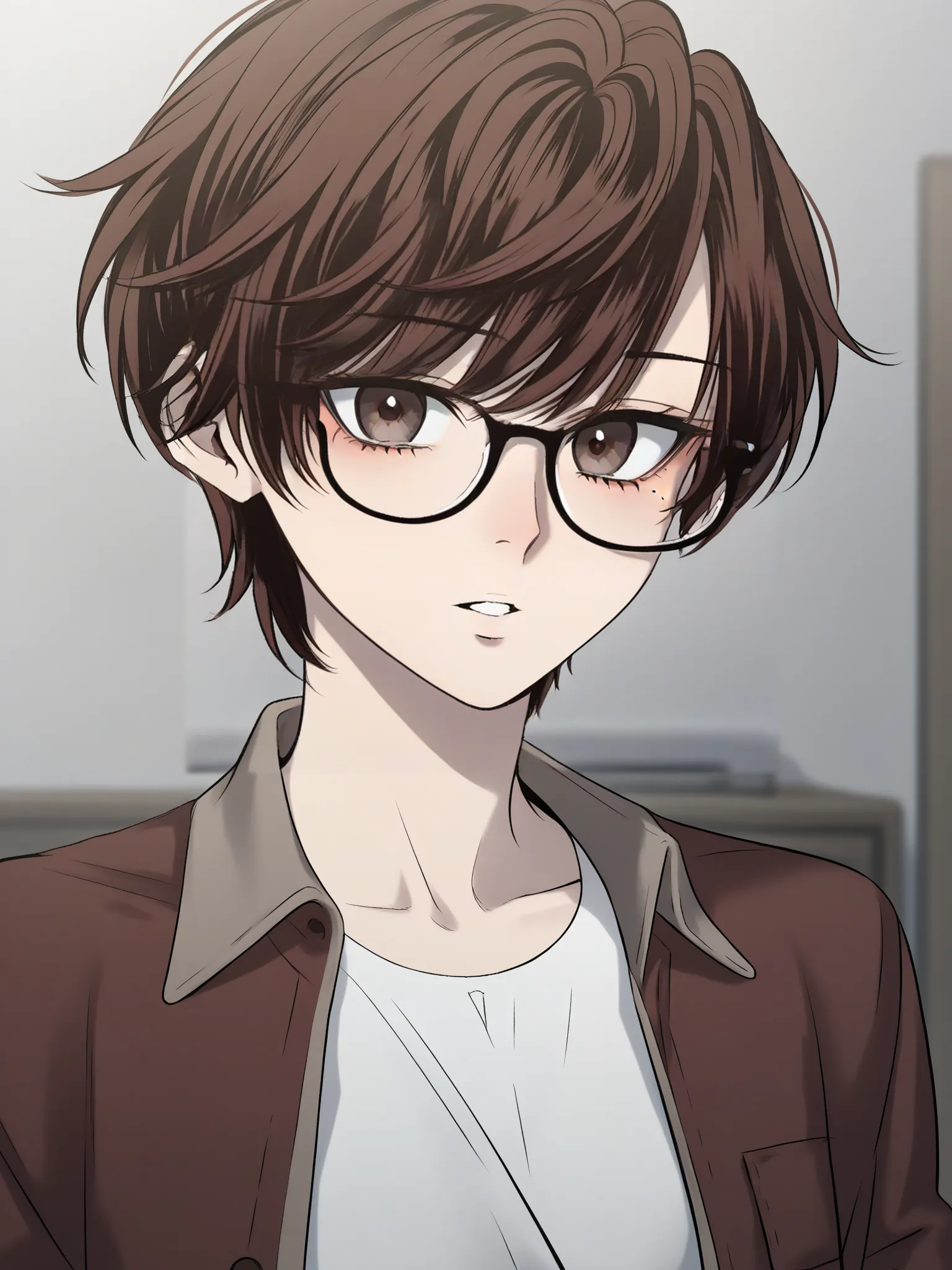 uncensored, score 9 up, score 8 up,
 <lora:The_Guy_Upstairs_Rozana_Rozy_Character_PonyXL:1>,rozana_rozy, brown eyes, brown hair, glasses, short hair, black-framed eyewear, upper body, long sleeves, , open clothes, white shirt, mole under eye, parted lips, indoors, open jacket, 1girl, standing, looking at viewer,
