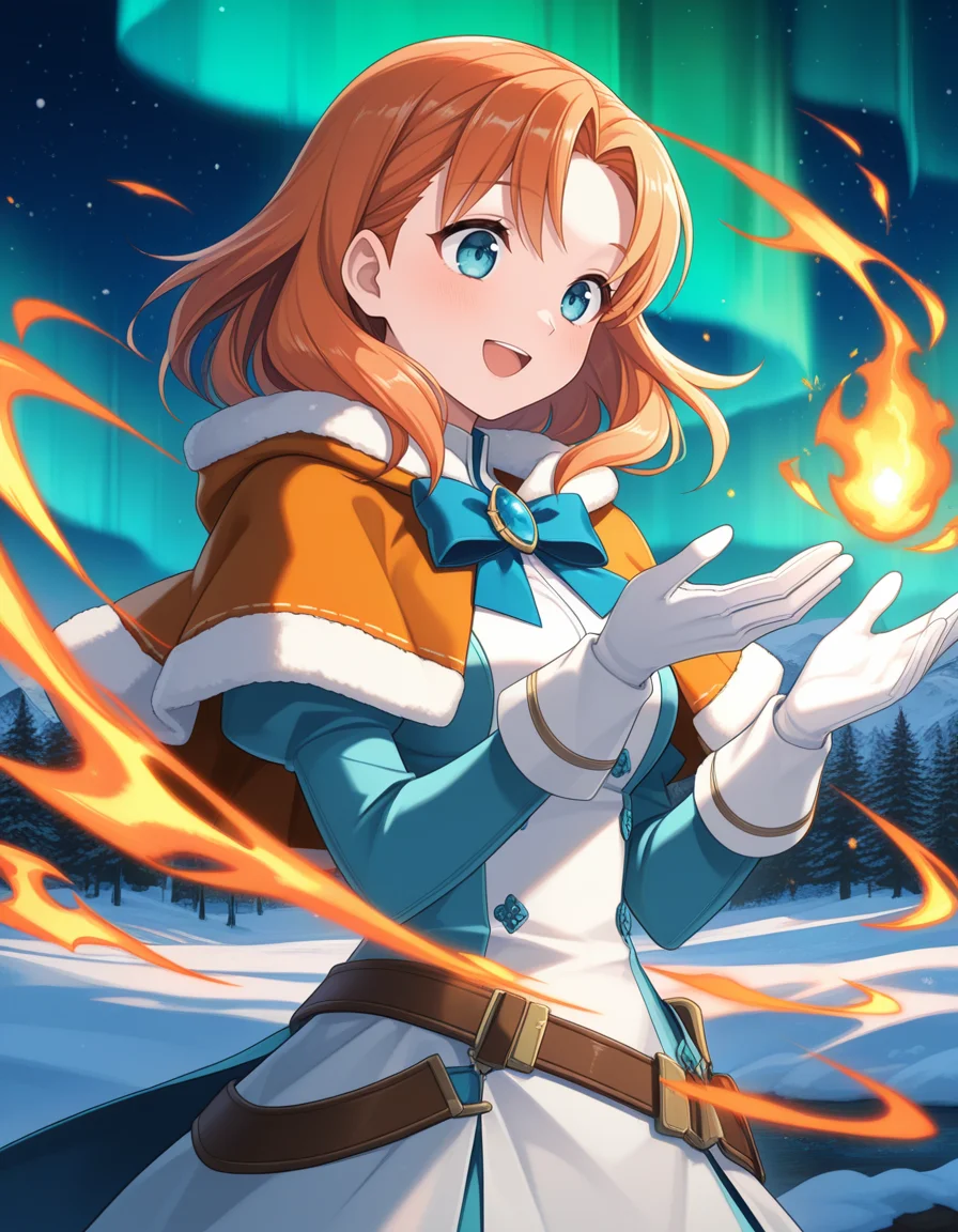 (cub3s0ft), <lora:1_illu_cubesoft_15e:1>, 1girl, annette_fantine_dominic (post timeskip), fire emblem, orange hair, blue eyes, medium hair, parted bangs, orange capelet, brooch, blue bow, white gloves, long gloves, white dress, blue sleeves, smile, open mouth, magic, fjord, snow, aurora, (masterpiece, best quality, amazing quality),
