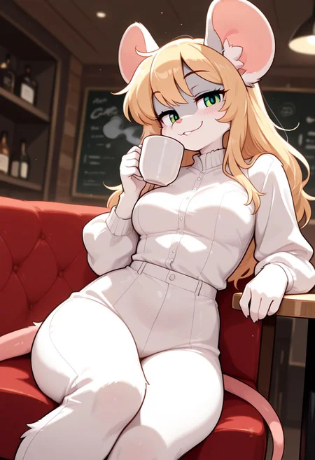 dynamic pose, pinup, masterpiece, best quality, amazing quality,
1girl, solo, (((Chloe)),long hair,blonde hair,animal ears,green eyes,furry female,mouse ears,mouse girl,mouse tail,body fur,white fur,bangs,animal nose),
medium breasts, flirty smile, sitting in a cafe, nice clothes, fancy clothes, detailed clothes, pantsuit, detailed background, drinking coffee, 
fur, fluffy, tuft, detailed fur, body fur, megafluffy, furry,