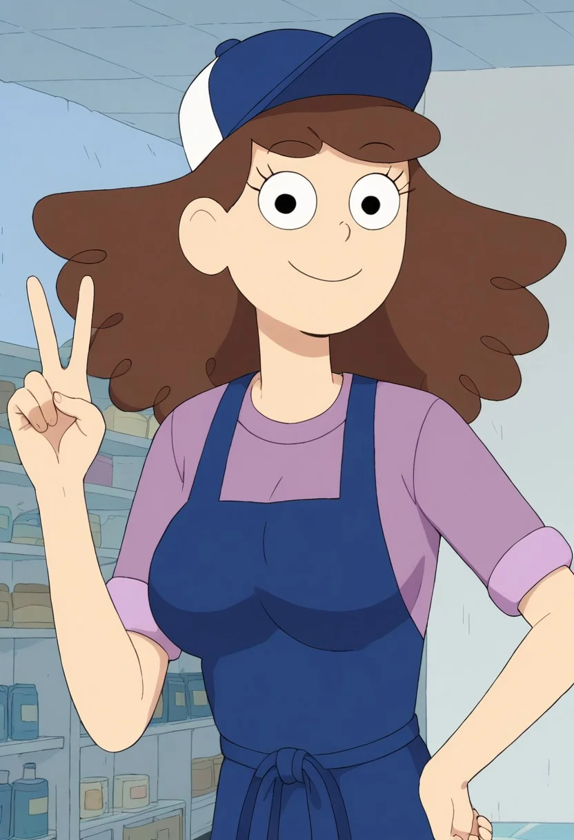 ((room background)),score_9, score_8_up, score_7_up,score_6_up,
1girl, solo, Samplelady_C, light skin, black eyes, voluminous hair, brown hair, medium hair, dark blue cap with white details, lilac short-sleeved T-shirt, long dark blue apron, beige pants, white shoes, big eyes, cute, tall stature, social smile, perfect eyes, perfect smile, looking at the viewer, detailed eyes, perfect eyes, standing, big breasts (front pose, bust shot) five fingers, perfect hands, (hand on hip, hand up, v sign)