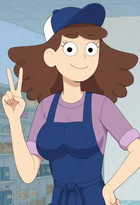 ((room background)),score_9, score_8_up, score_7_up,score_6_up,
1girl, solo, Samplelady_C, light skin, black eyes, voluminous hair, brown hair, medium hair, dark blue cap with white details, lilac short-sleeved T-shirt, long dark blue apron, beige pants, white shoes, big eyes, cute, tall stature, social smile, perfect eyes, perfect smile, looking at the viewer, detailed eyes, perfect eyes, standing, big breasts (front pose, bust shot) five fingers, perfect hands, (hand on hip, hand up, v sign)