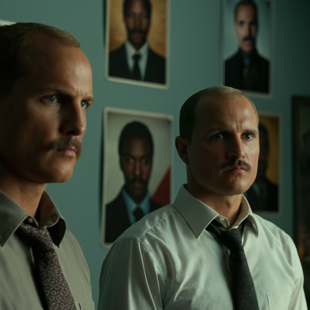 cinematic film still of cinematic film still of  <lora:add-detail-xl:1>0
<lora:detailed:0.3>
<lora:perfection style:0.3>
<lora:xl_more_art-full_v1:0.3>
 <lora:true detective style:1>
two men standing in a room with a wall covered in posters,looking at viewer,short hair,brown hair,shirt,male focus,multiple boys,necktie,belt,indoors,dark skin,2boys,cup,black shirt,facial hair,dark-skinned male,black necktie,beard,sleeves rolled up,realistic,mustache,bald , sharp, detailed, epic photography, artistic, dramatic light, cinematic style, film style, 
true detective style, shallow depth of field, vignette, highly detailed, high budget, bokeh, cinemascope, moody, epic, gorgeous, film grain, grainy
