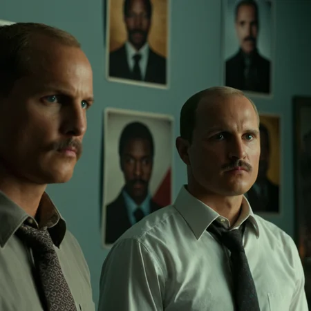 cinematic film still of cinematic film still of <lora:add-detail-xl:1>0
<lora:detailed:0.3>
<lora:perfection style:0.3>
<lora:xl_more_art-full_v1:0.3>
<lora:true detective style:1>
two men standing in a room with a wall covered in posters,looking at viewer,short hair,brown hair,shirt,male focus,multiple boys,necktie,belt,indoors,dark skin,2boys,cup,black shirt,facial hair,dark-skinned male,black necktie,beard,sleeves rolled up,realistic,mustache,bald , sharp, detailed, epic photography, artistic, dramatic light, cinematic style, film style,
true detective style, shallow depth of field, vignette, highly detailed, high budget, bokeh, cinemascope, moody, epic, gorgeous, film grain, grainy