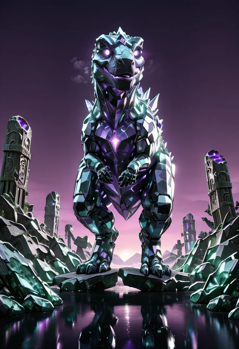 masterpiece, best quality, no humans,   ,<lora:CrystalKingDino_IXL:1.0>,  zzCrystalKing, violet crystal body, smooth reflective surface, glowing lines, glowing eyes, ancient floating ruins, stormy purple sky, stalking pose, dramatic angle, arcane lighting, mysterious atmosphere â Among ruins suspended in midair, the zzCrystalKing moves like a sentient monument. Its body, smooth and faceted in deep amethyst crystal, shimmers under a sky of swirling violet storms. Floating stone pillars crackle with energy as the creature passes, its glowing eyes scanning the skies for ancient threats. Light refracts in geometric patterns across its body, casting arcane glyphs across broken columns. The entire world holds its breath, unsure if the king has returned as a guardian or executioner.