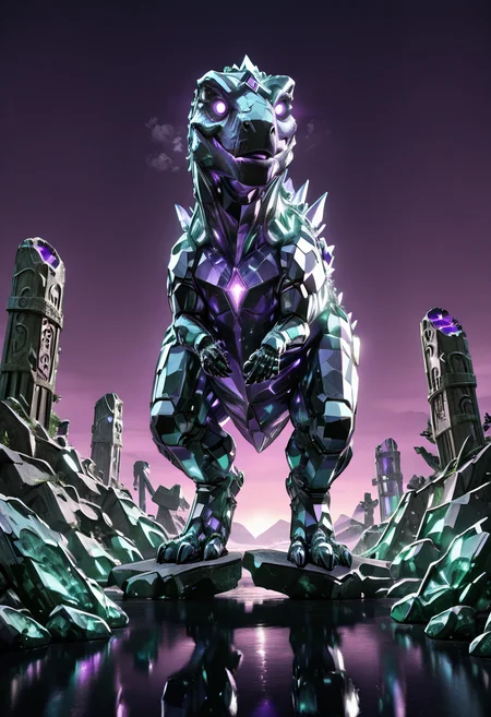 masterpiece, best quality, no humans,   ,<lora:CrystalKingDino_IXL:1.0>,  zzCrystalKing, violet crystal body, smooth reflective surface, glowing lines, glowing eyes, ancient floating ruins, stormy purple sky, stalking pose, dramatic angle, arcane lighting, mysterious atmosphere â Among ruins suspended in midair, the zzCrystalKing moves like a sentient monument. Its body, smooth and faceted in deep amethyst crystal, shimmers under a sky of swirling violet storms. Floating stone pillars crackle with energy as the creature passes, its glowing eyes scanning the skies for ancient threats. Light refracts in geometric patterns across its body, casting arcane glyphs across broken columns. The entire world holds its breath, unsure if the king has returned as a guardian or executioner.