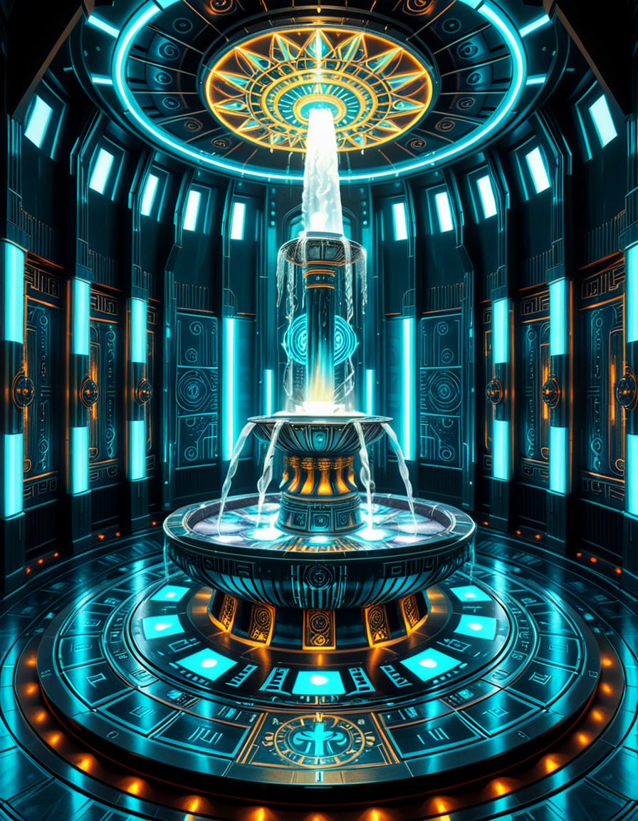 The center of a high-tech, alien temple-laboratory, where dark metallic walls shimmer under the glow of cyan vertical light tubes and faint sacred runes. In the middle of the chamber lies an elaborate biomechanical fountain, rising like an altar from a circular platform of engraved metal. The fountain pulses with iridescent liquid light, flowing in gravity-defying streams that spiral upward before cascading back into a glowing basin etched with ritual patterns. Bioluminescent veins run through the structure, illuminating the surrounding floor like circuitry. Overhead, a radiant, halo-like design casts a celestial glow, enhancing the surreal, sanctified atmosphere. The space exudes a fusion of sacred ceremony and alien technology, as if the fountain were a source of divine power worshipped by another world.
<lora:high-tech_alien_temple_f0unt41n:1>,high-tech alien temple f0unt41n,<lora:SDXLFaeTastic2400:0.4> <lora:extremely_detailed:0.4> extremely detailed, Masterpiece,best quality,hi res,8k,hi res,8k,award winning,(sharp focus, intricate, highly detailed),