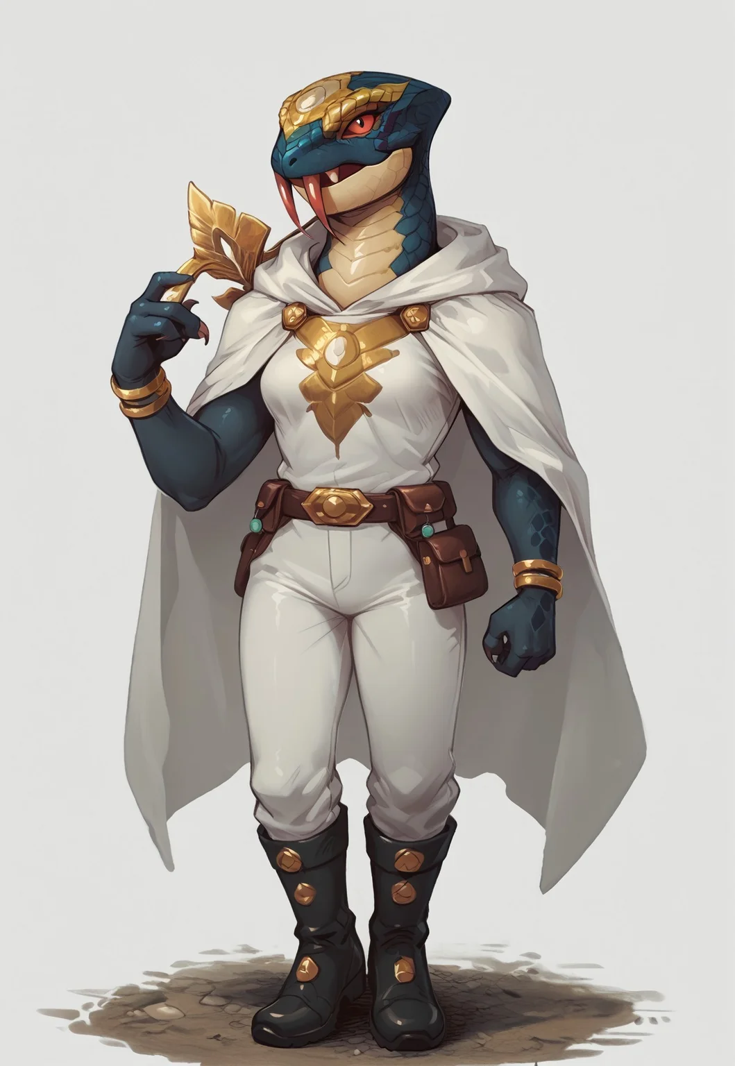 safe_pos, safe_pos, by dimwitdog, safe_pos, score_9,score_8_up,score_7_up,score_6_up,score_anime,
BREAK
1girl, seviper, anthro, covered breasts, red sclera, black scales, yellow scales, red fangs, looking at viewer, shirt, solo, medium breasts, upper body, snake tongue, forked tongue, white cape, full body, smile, pectoral cleavage, white background, championship belt, white pants, looking at viewer, black boots, brown dougi, standing, Chinoiserie, Peacock, snake,DAInquisition