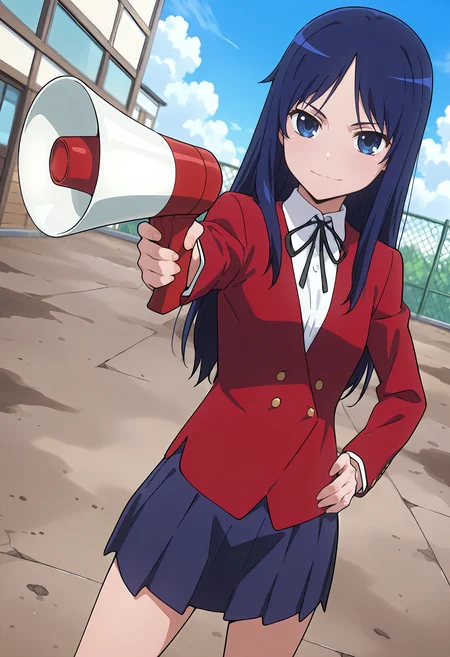 best quality, amazing quality, perfect quality, high quality, masterpiece, absolutely eye-catching BREAK
<lora:Toradora_-_Sumire_Kano:1> ToradoraSumire, blue eyes, blue hair, long hair, parted bangs, small breasts BREAK
school uniform, black neck ribbon, red blazer, white shirt, long sleeves, blue pleated skirt BREAK
outdoors, school, dirt floor, blue sky, clouds BREAK
1girl, solo, legs apart, hand on hip, holding megaphone, serious, light smile, looking at viewer, cowboy shot, dutch angle