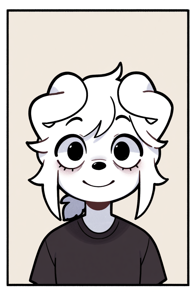 masterpiece, best quality, newest, highres,very aesthetic, absurdes, detailed eyes, 1girl, bearsockzdog,white hair, furry female, dog girl, black eyes, ponytail, upper_body,  shirt, looking at viewer, smiling, simple_background,  border, portrait