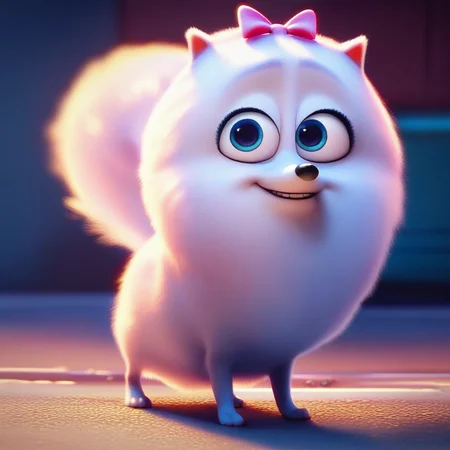 score_9, score_8_up, score_8, score_7, source_cartoon, Gidget(TSLoP), Solo, 1girl, feral, dog, pomeranian, white fur, fluffy fur, blue eyes, fluffy tail, black nose, pink hair bow, full body, looking at viewer, standing, smile, looking at viewer,
