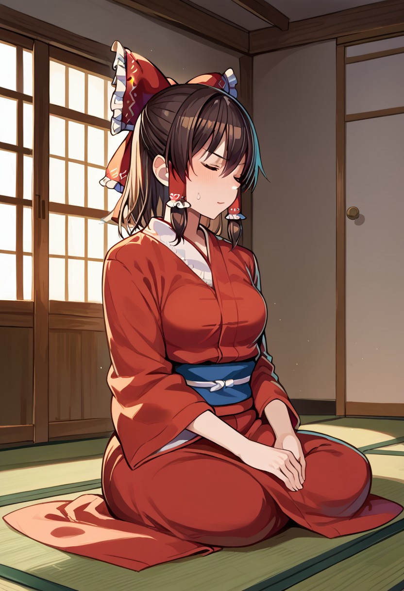 score_9, score_8_up, score_7_up, score_6_up, 1girl, solo, Reimu Hakurei, Reimu from Touhou, Hakurei Reimu, Reimu, light skinned female, sitting, stoic, furrowed brow, militaristic expression, stoic expression, indoors, traditional japanese house, tatami, shouji, closed eyes, eyes shut, meditation, meditating, legs crossed, kimono, wearing kimono,