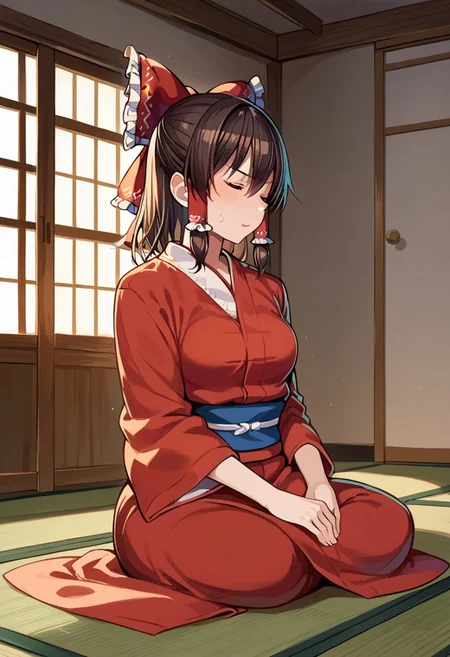 score_9, score_8_up, score_7_up, score_6_up, 1girl, solo, Reimu Hakurei, Reimu from Touhou, Hakurei Reimu, Reimu, light skinned female, sitting, stoic, furrowed brow, militaristic expression, stoic expression, indoors, traditional japanese house, tatami, shouji, closed eyes, eyes shut, meditation, meditating, legs crossed, kimono, wearing kimono,
