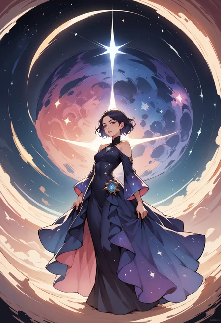 score_9, score_8_up, score_7_up, source_anime, 1girl,  abstract art, dark theme, cosmic dress, cosmic beauty, outer space, stars, nebula