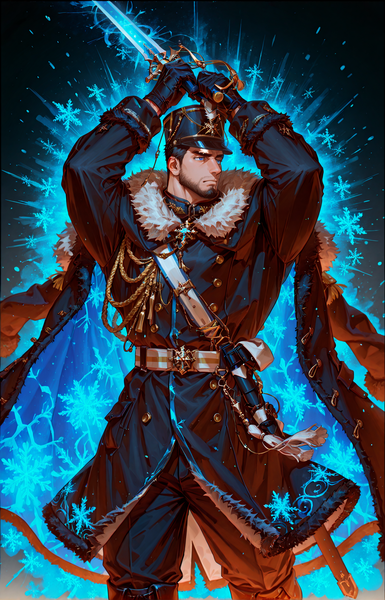 <lora:pose_jodan_no_kamae:1>, ((jodan holding weapon, holding sword, arms up, two-handed, to the side,)),
<lora:face_Edwin__Alchemist_Code-000004:.7>, tagatameedwin, 1boy, black hair, dark blue eyes, short hair, solo, male focus, manly, bara, mature male, muscle body, shako hat, fur trim, snowflakes pin, coat, aiguillette, shirt, sash, gloves, glowing pattern, tassel, pants, boots,
cowboy shot, 
(very short hair, beard, bara, mature, facial hair, stubble, beard, full beard, sideburn, beard, a lot of beard, ), facial hair,male focus, muscular male, muscular male, bara, mature,  bara, mature, aixiwuganda_(20222192), very awa, masterpiece, best quality, absurdres, newest, perfect quality, detailed background, intricate details,
<lora:slider_Body Type_alpha1.0_rank4_noxattn_last:3><lora:Anime Summer Days 2 Style SDXL_LoRA_Pony Diffusion V6 XL:.6><lora:slider_cfg_scale_boost:.7><lora:Artist6p:.55>, Artist6p, Artist04p,<lora:slider_il_brightness_slider_d1:-1><lora:slider_il_contrast_slider_d1:-1><lora:slider_DarkSlider1.2_alpha1.0_rank16_full_300steps:-.6><lora:slider_contract_controller_illus01_v1:.5>,