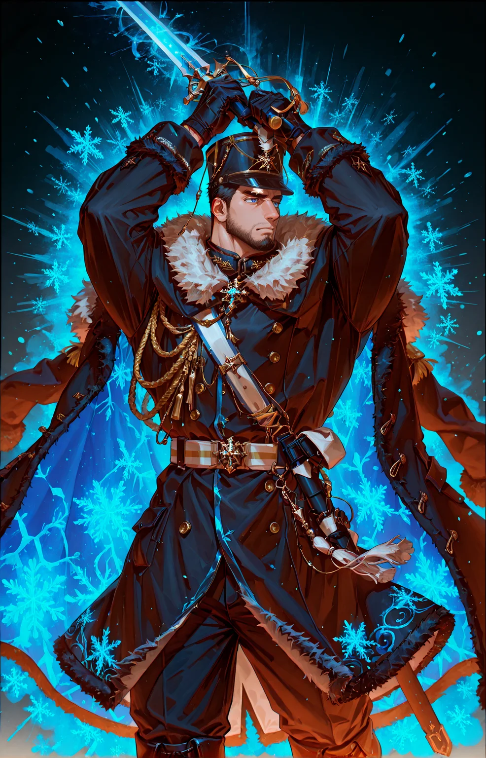 <lora:pose_jodan_no_kamae:1>, ((jodan holding weapon, holding sword, arms up, two-handed, to the side,)),
<lora:face_Edwin__Alchemist_Code-000004:.7>, tagatameedwin, 1boy, black hair, dark blue eyes, short hair, solo, male focus, manly, bara, mature male, muscle body, shako hat, fur trim, snowflakes pin, coat, aiguillette, shirt, sash, gloves, glowing pattern, tassel, pants, boots,
cowboy shot,
(very short hair, beard, bara, mature, facial hair, stubble, beard, full beard, sideburn, beard, a lot of beard, ), facial hair,male focus, muscular male, muscular male, bara, mature, bara, mature, aixiwuganda_(20222192), very awa, masterpiece, best quality, absurdres, newest, perfect quality, detailed background, intricate details,
<lora:slider_Body Type_alpha1.0_rank4_noxattn_last:3><lora:Anime Summer Days 2 Style SDXL_LoRA_Pony Diffusion V6 XL:.6><lora:slider_cfg_scale_boost:.7><lora:Artist6p:.55>, Artist6p, Artist04p,<lora:slider_il_brightness_slider_d1:-1><lora:slider_il_contrast_slider_d1:-1><lora:slider_DarkSlider1.2_alpha1.0_rank16_full_300steps:-.6><lora:slider_contract_controller_illus01_v1:.5>,