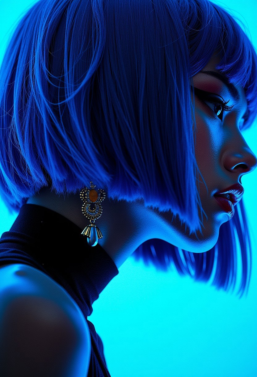 closeup zoomed in portrait of a femme fatale Japanese woman, straight-cut neon blue bob, earrings, dark eyeshadow, red lips, choker, seductive, lustful, sultry, choker, silhouetted, professional photography, blue background, directional lighting, viewed from the side