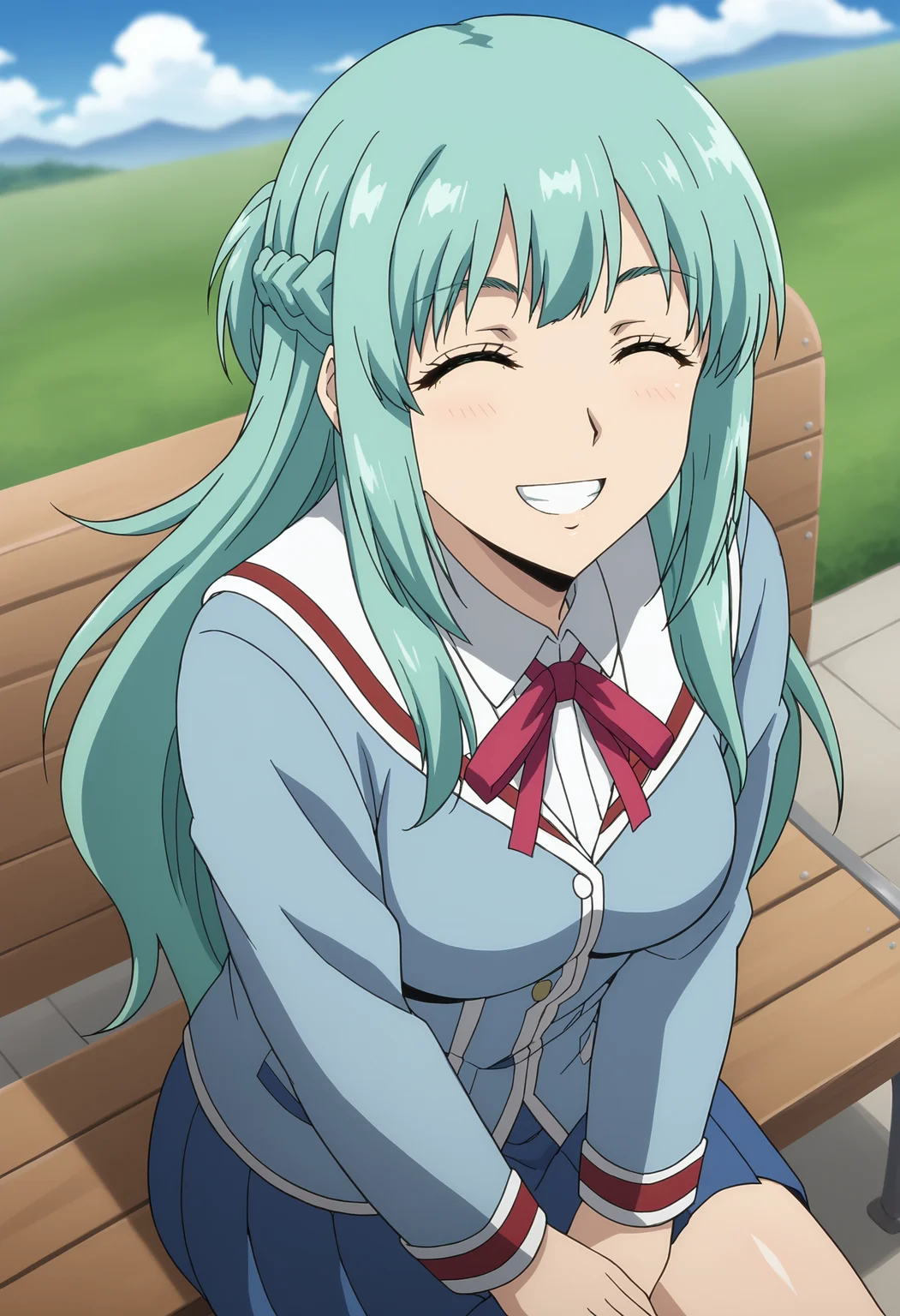EBKuon, 1girl, solo, long hair, ribbon, school uniform, yellow eyes, smile, light smile, grin, sitting, on bench, from above, closed eyes, open mouth, braid, outdoors, green hair, sky, day, cloud, red ribbon, blue sky, aqua hair, neck ribbon, blurry background, french braid, anime coloring, 
 <lora:KuonShinsaki-04:1>, <lora:xl_more_art-full_v1:0.8>