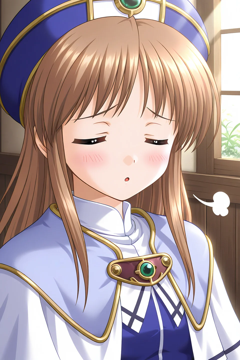 masterpiece, best quality, absurdres, official art, official style, rating general BREAK <lora:sylphycloud_IL_v1-1:0.7>, sylphy cloud, 1girl, solo, blue eyes, brown hair, long hair, bangs, flat chest, priest, hat, blue headwear, gem, brooch, turtleneck, pendant, layered capelet, light purple capelet, white capelet, robe, blue dress, long sleeves, upper body, close-up, indoors, cross, sunlight, lily pad, portrait, scenery,
blush, :o, = =, =3, closed eyes, disappointed, open mouth, parody, parted lips, raised eyebrows, sigh