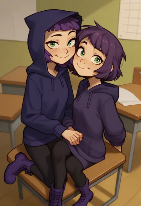 score_9, score_8_up, score_7_up, score_6_up, score_5_up, score_4_up, 2 girls in image, sitting on desks, smiling, looking at viewer, arms around each other, friends, 
BREAK, 
1 girl, square head, green eyes, squinch, round eyes, long hair, dark blue hair, dark blue dress sweater, black leggings, small black boots, 
BREAK
1 girl, short hair, purple hair, long eyelashes, purple hoodie, purple skirt, purple shoes, , hood up