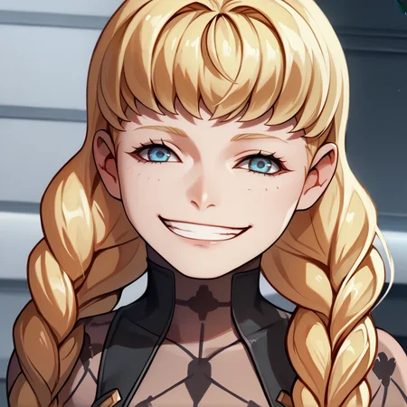 1girl,solo,<lora:ops:1>,"operator 6o,blonde hair,twin braids,long hair,blue eyes",black dress,bodystocking,see-through,asymmetrical sleeves,
indoors,science fiction,spacecraft interior,hallway,
<lora:AnyasHehFaceMeme_XLPD:1>,IncrsAnyasHehFaceMeme,grin,upper body,, score_9, score_8_up, score_7_up,masterpiece, best quality, very aesthetic, absurdres,