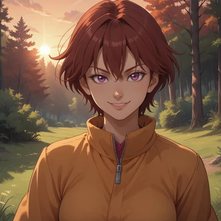 score_9, score_8, BREAK, solo, Fujieda Yoshino, red hair, short hair, purple eyes, anime screencap, Digimon savers, sexy pose, self portrait, smile, looking at viewer, outdoors, sunlight, shadows, evening lighting, natural lighting, forest, trees, grass, orange sky, sunset