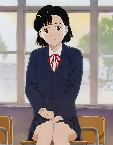 <lora:pony_xl_yawara>,yawara,score_9,source_anime,best quality,masterpiece,super fine illustration,1girl,solo,smile,school uniform,blue blazer,white collared shirt,red ribbon,neck ribbon,dark blue skirt,pleated_skirt,classroom,window_,sitting_on_chair,knees_together_feet_apart,cowboy_shot,looking_at_viewer,depth of field,