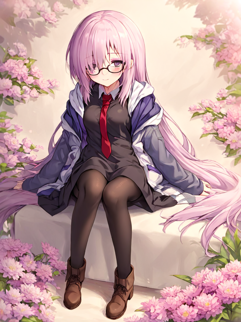<lora:maxiu:1>,1girl, long hair, alternate hairstyle, alternate hair length, mash kyrielight, necktie, fou (fate), pantyhose, glasses, very long hair, smile, red necktie, black pantyhose, sitting, flower, looking at viewer, dress, black-framed eyewear, black dress, boots, jacket, open clothes, brown footwear, ankle boots, hood, full body