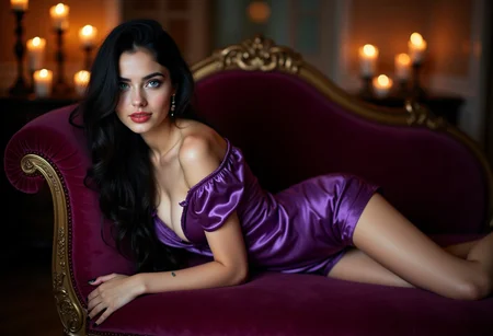 A professional SLR photograph of a beautiful young woman with captivating eyes dressed in sexy purple satin mini skirted pajamas with cleavage. she has long black hair,  big blue eyes with makeup, bold eyeliner, mascara. pale skin with tattoo. black colored toe and finger nails. bold red lipstick.  She is lounging on a velvet josephine chaise lounge in a room with candles. Her skin is hyper realistic and glows of the room lights., and her jewelry enhances her beauty. bare shoulders, bare foot. The room has a dreamlike atmosphere. perfection style.