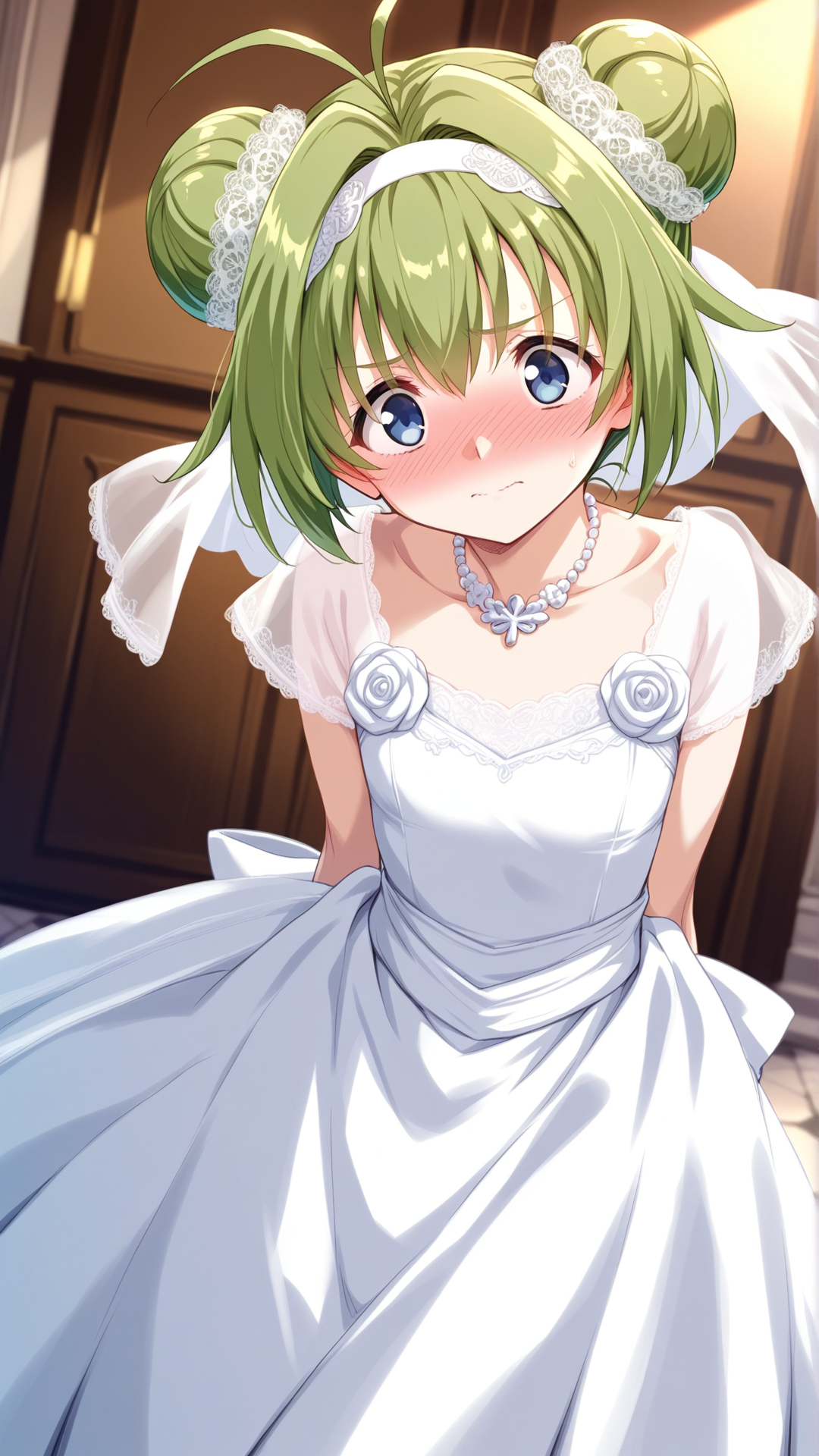 source_anime, general, best quality, masterpiece, 1girl,  <lora:mihiro_w_ill:1> mihiro\(srw\),blue eyes, green hair, short hair, hair bun, double bun, ahoge,antenna hair ,flat chest,hat,hairband,wedding dress,chapel, flustered, (embarrassed:0.8),  dynamic pose, dutch angle,