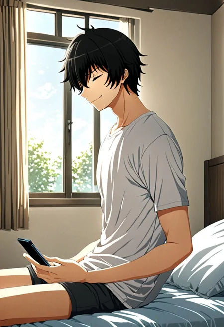high resolution, solo, best quality, 1Boy, Seiya Kanie, black hair, short hair, holding smartphone, t-shirt, on the bed, sunny day, window, smile, side view, sit, nap, indoor, bed room, OverallDetail