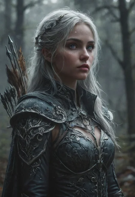 Create a digital painting of Sylvanas Windrunner from World of Warcraft. She is a tall, slender female elf with pale skin and long, flowing white hair. She has glowing, icy blue eyes and sharp features. She is wearing her iconic black and grey armor with intricate silver details, and a dark hooded cloak with tattered edges. She holds a powerful bow in one hand and has a quiver of arrows on her back. She has a determined and fierce expression, as if ready to face any challenge head-on. The background should be a dark and foreboding forest, with wisps of mist floating around her.
Wide range of colors., Dramatic,Dynamic,Cinematic,Sharp details Insane quality. Insane resolution. Insane details. Masterpiece. 32k resolution.
<lora:add-detail-xl:0.95> <lora:dvr-lnds-sdxl:0.3> dvr-lnds-sdxl <lora:MJ52:0.25> <lora:ral-apoctvisn-sdxl:0.3> ral-apoctvisn <lora:zavy-cntrst-sdxl:0.35> dark, chiaroscuro, low-key <lora:zavy-rmlght-sdxl:0.41> zavy-rmlght <lora:SDXLFaeTastic2400:0.225>