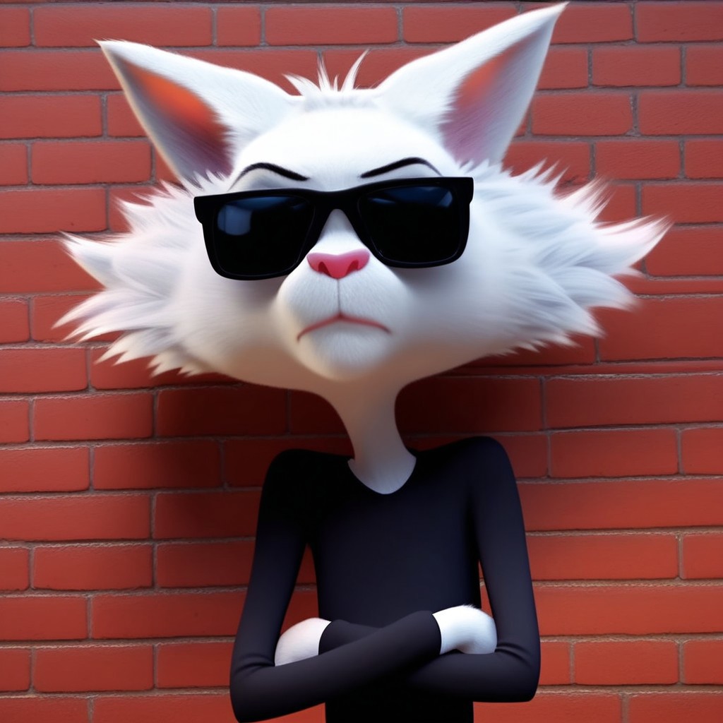 score_9, score_8_up, score_7_up, Expressiveh, masterpiece, best quality, highly detailed, realistic, (zPDXL3), 1boy, solo, (AngusSG, furry, anthro, feline, cat, pink inner ear, pink nose, black nose, sunglasses, white body, white fur, skinny, sunglasses covering eyes, clothed, black shirt), ((brick wall, simple background, closed mouth)), arms crossed, close-up